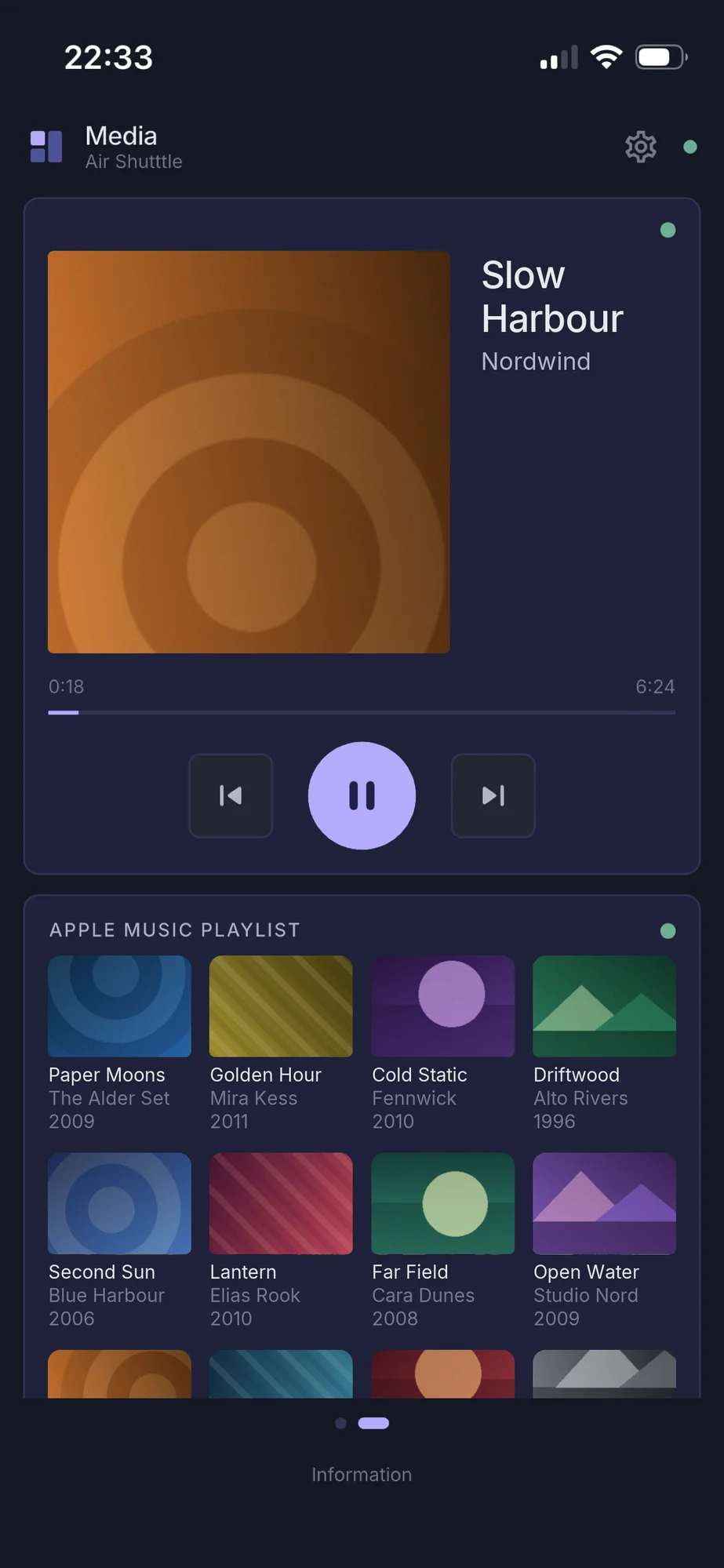 Das Apple Music Playlist-Widget von Styrhus auf dem iPhone: laufender Titel mit Wiedergabesteuerung und eine Kachel-Galerie aus Playlists und Alben