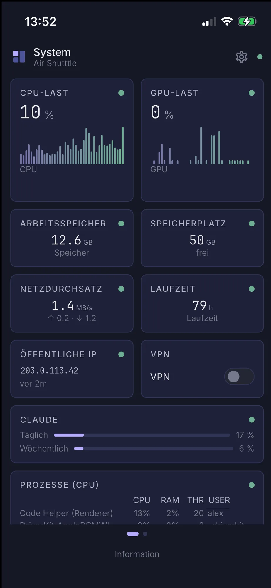 Das System-Board von Styrhus auf dem iPhone: CPU- und GPU-Last, Arbeitsspeicher, Speicherplatz, Netzdurchsatz, Laufzeit, öffentliche IP, VPN-Schalter und Claude-Nutzung